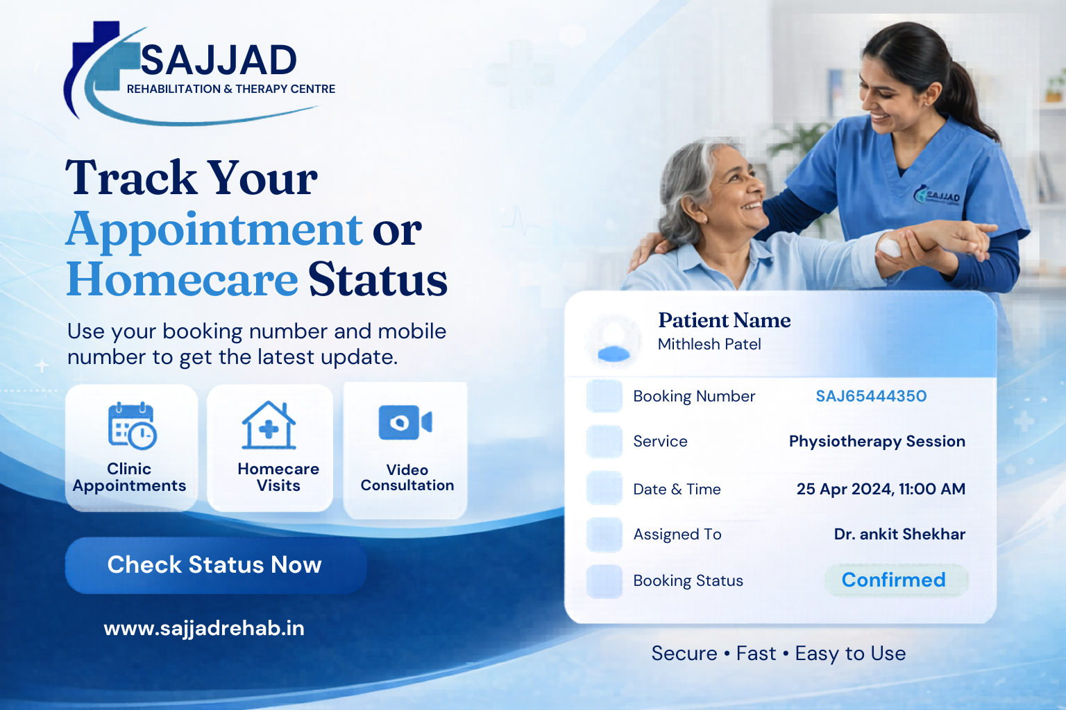 Promotional image showing a user checking appointment booking and real-time status updates with appointment number and registered mobile verification for fast and secure support at Sajjad Rehabilitation.