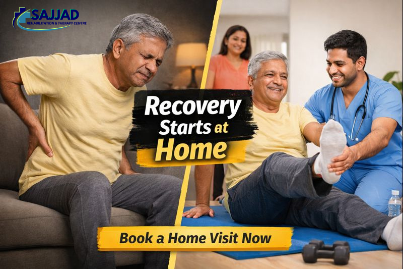 Elderly patient receiving professional physiotherapy at home in Patna by Sajjad Rehabilitation & Therapy Centre, expert homecare physiotherapist visit for post-surgery recovery, joint pain relief, senior care, and personalized rehabilitation in the comfort of home.