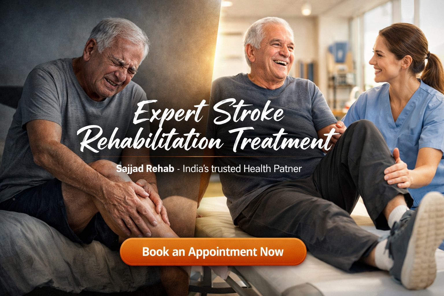 Stroke rehabilitation therapy transformation showing patient recovery with physiotherapist at Sajjad Rehabilitation Centre India