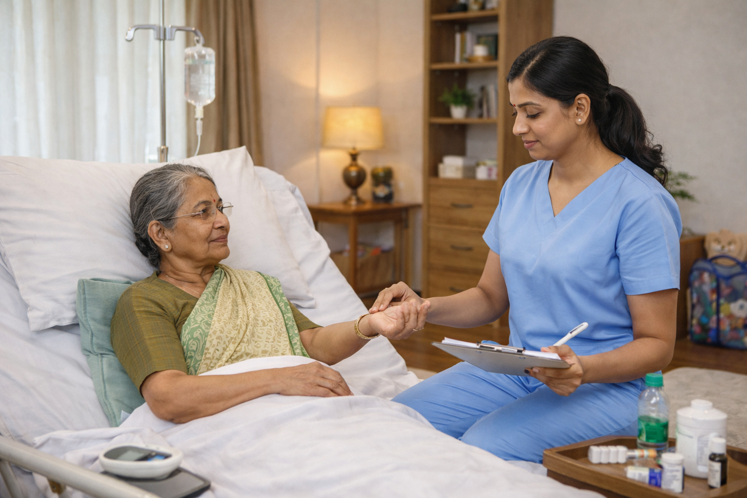 Qualified home nurse checking an elderly patient in bed during a nursing care visit in Patna with monitoring, bedside support, and compassionate medical attention by Sajjad Rehabilitation homecare team.