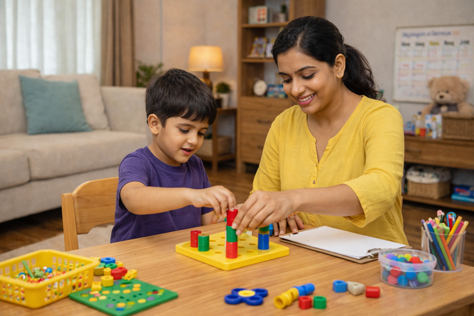 Child receiving occupational therapy at home in Patna with fine motor activity training, hand function practice, and one-to-one therapist guidance in a comfortable home environment by Sajjad Rehab.