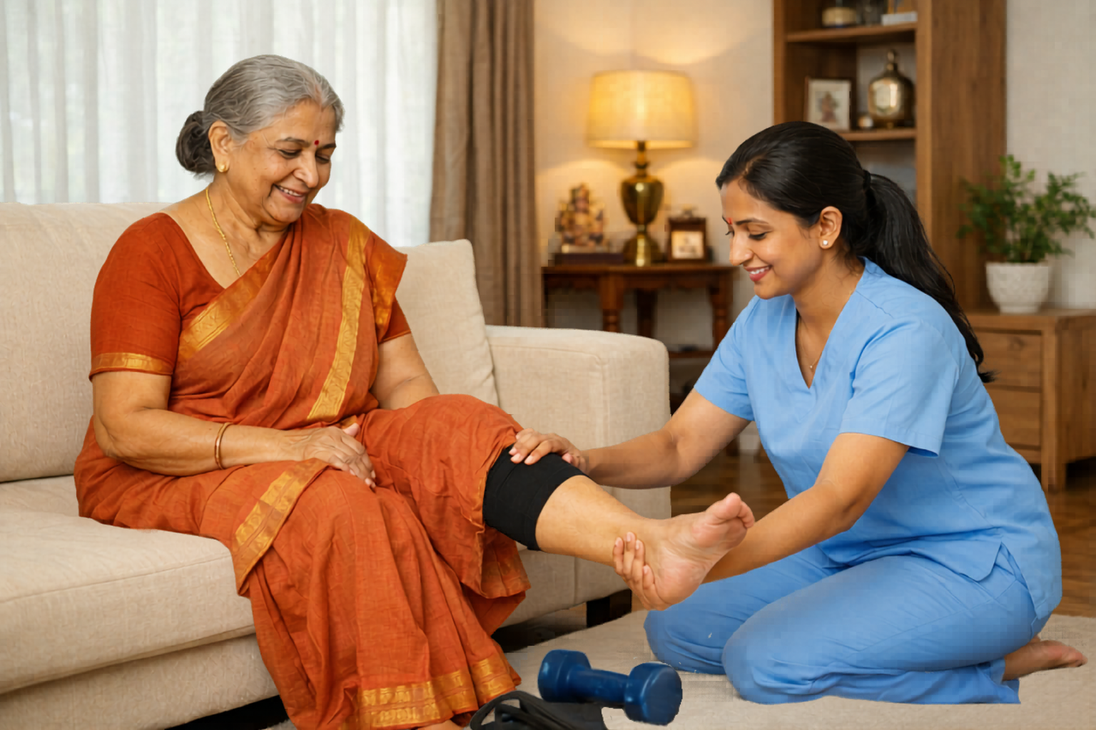 Senior woman receiving guided leg mobility and physiotherapy treatment at home from a certified female therapist in Patna for pain relief, joint movement, recovery support, and home rehabilitation care by Sajjad Rehab.