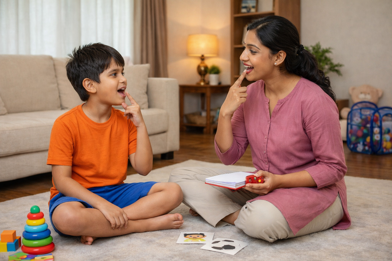 Speech therapist guiding a young child during a speech and language therapy session at home in Patna with articulation practice, communication exercises, and one-to-one support by Sajjad Rehab.