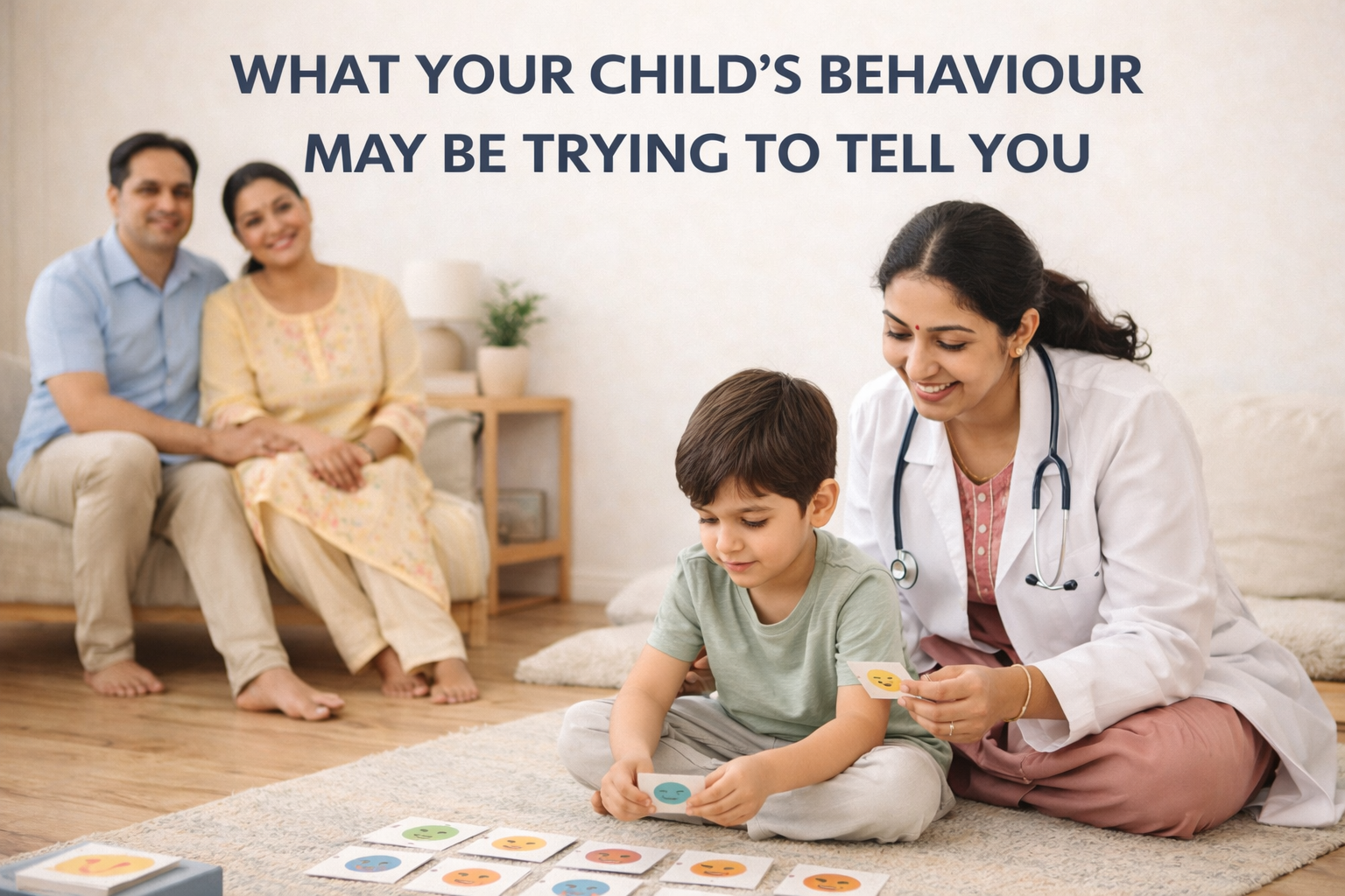 Indian female child therapist playing with a young boy using emotion cards while his parents sit nearby in a calm therapy setting.