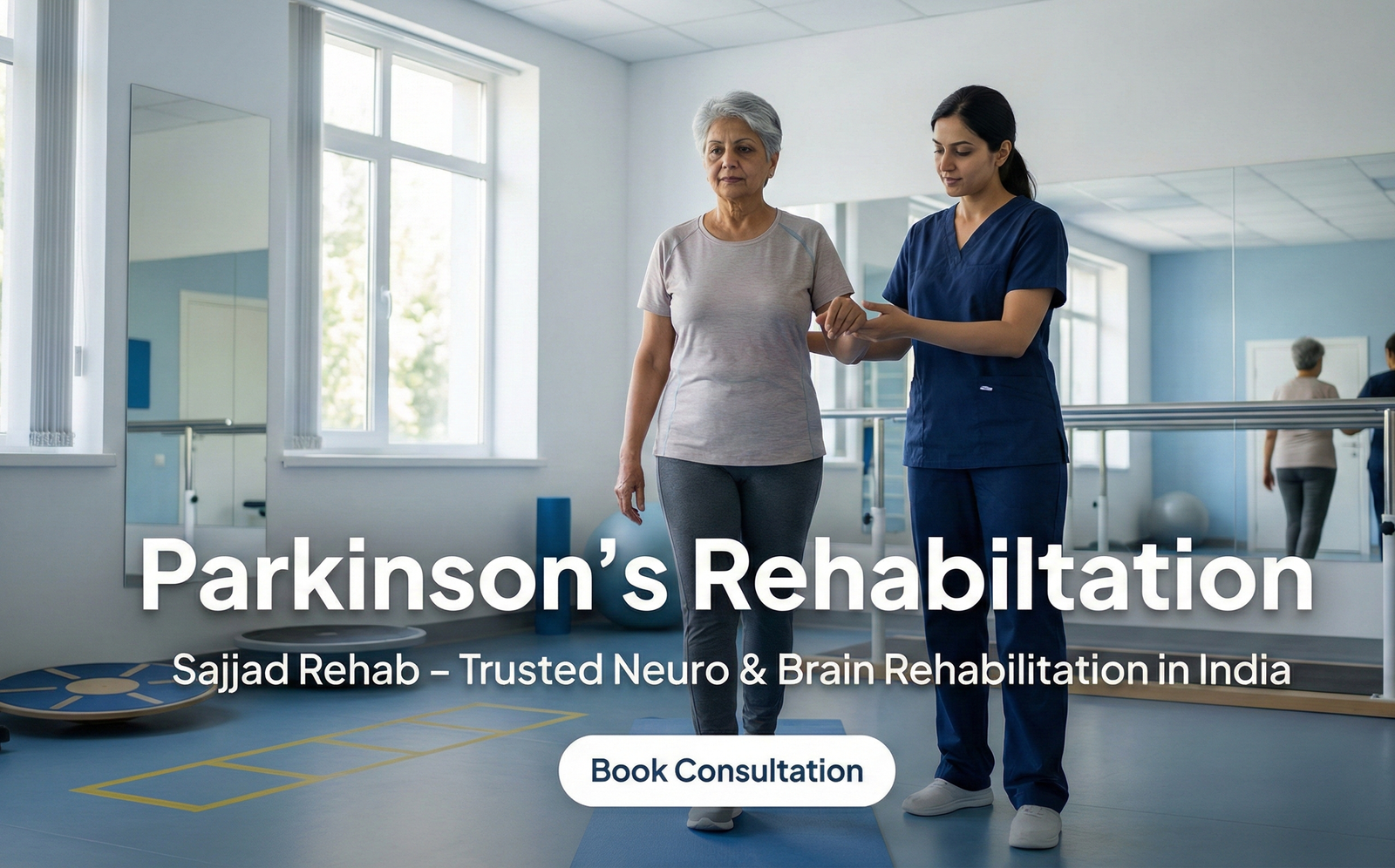 Parkinson&rsquo;s rehabilitation therapy showing a middle aged patient practicing gait training with a physiotherapist in a modern neuro rehabilitation clinic in India