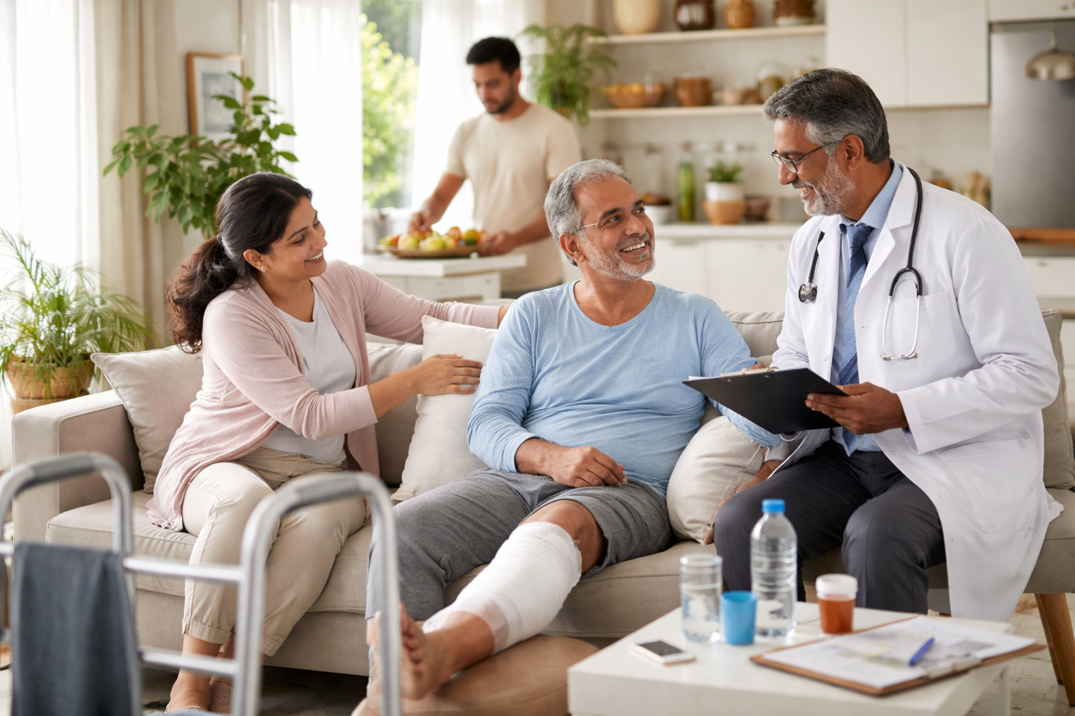 Post-operative physiotherapy treatment by an Indian doctor for a recovering patient needing guided movement therapy, pain relief support, mobility training, and structured home-based post-surgery rehabilitation care.