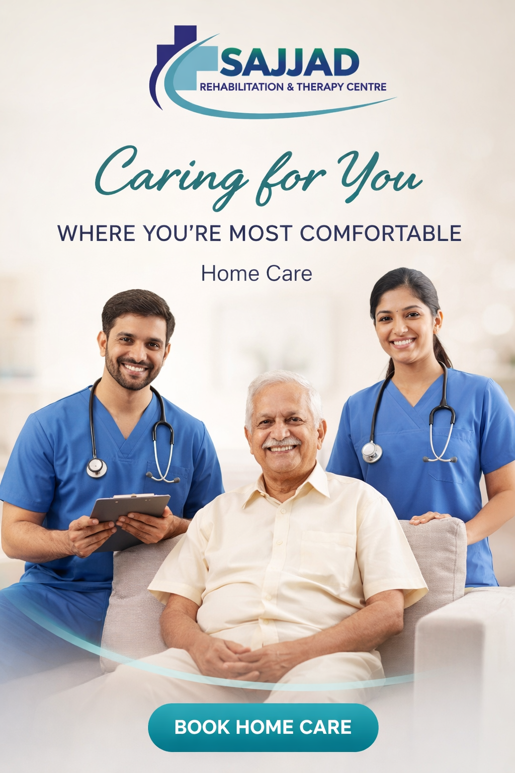 Elderly patient receiving compassionate home physiotherapy care from professional therapists at Sajjad Rehabilitation & Therapy Centre