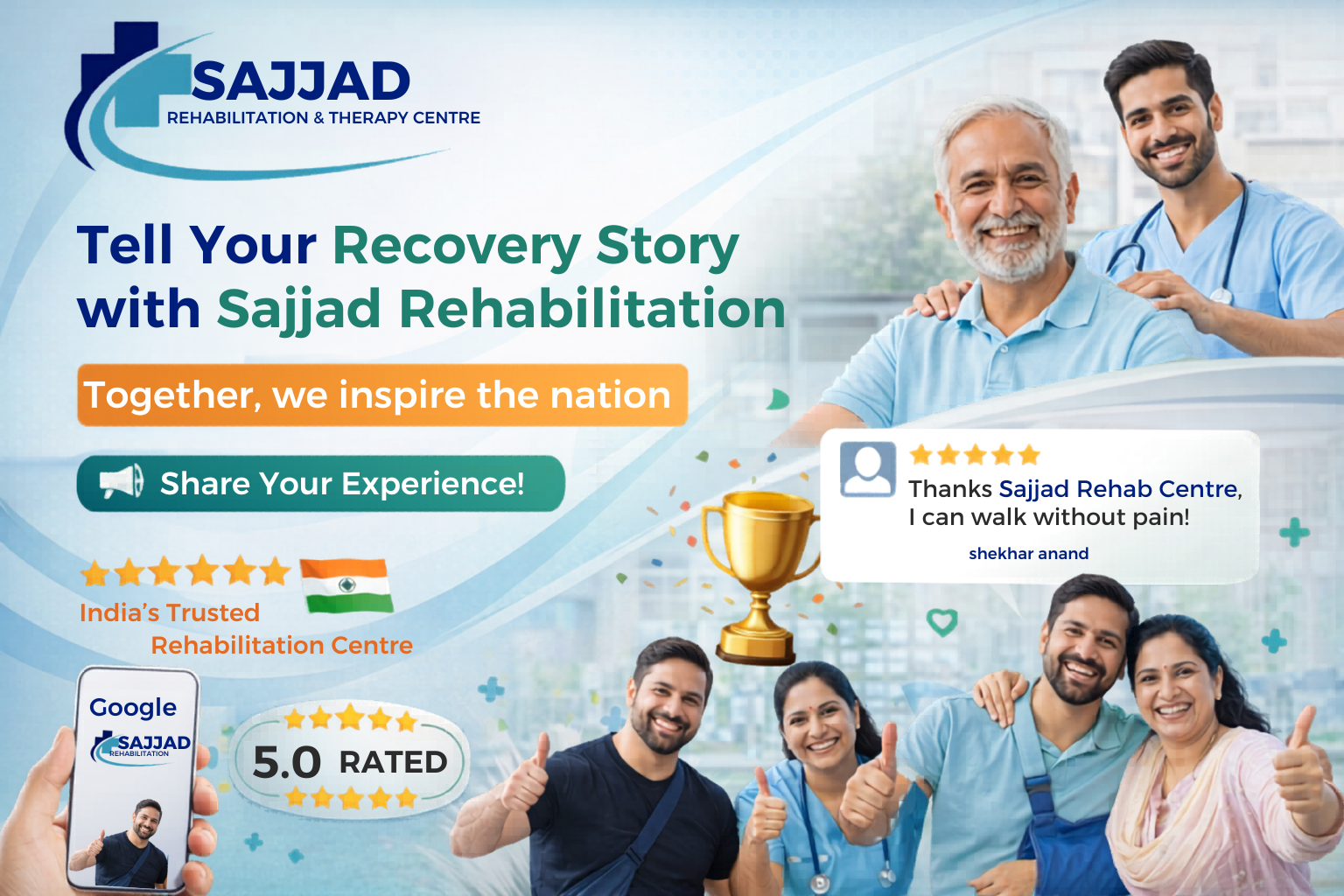 Patient reviews and recovery stories page for Sajjad Rehabilitation and Therapy Centre Patna featuring real patient feedback, rehabilitation success stories, physiotherapy recovery experiences, neuro rehabilitation outcomes, family testimonials, and trusted therapy centre care in Bihar.