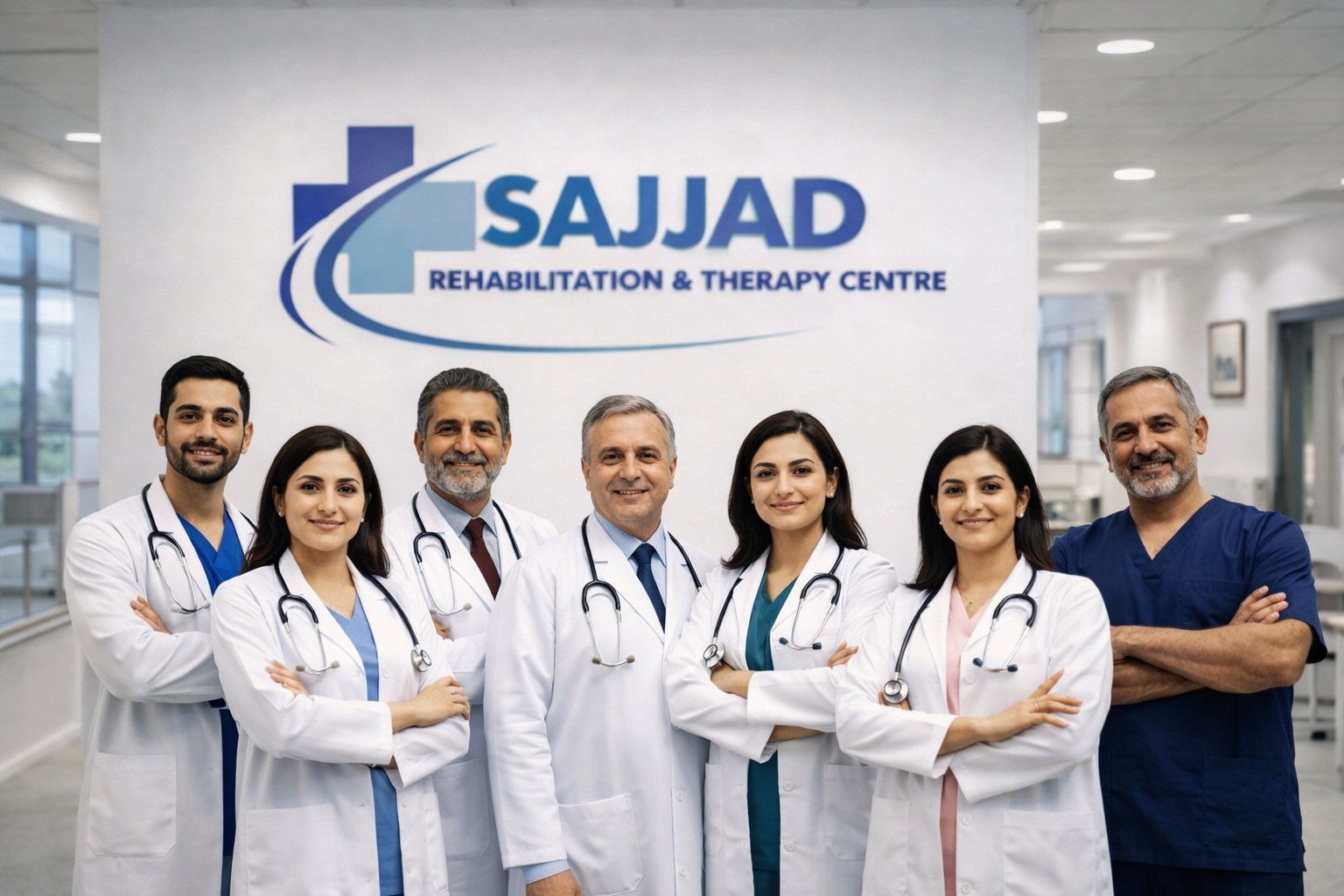 Multidisciplinary doctor team at Sajjad Rehabilitation and Therapy Centre in Patna, India, showing male and female rehabilitation specialists, physiotherapists, and clinical care professionals supporting neuro rehabilitation, stroke recovery, paralysis treatment, orthopedic physiotherapy, child rehabilitation, speech therapy, occupational therapy, pain management, and patient-centered recovery care